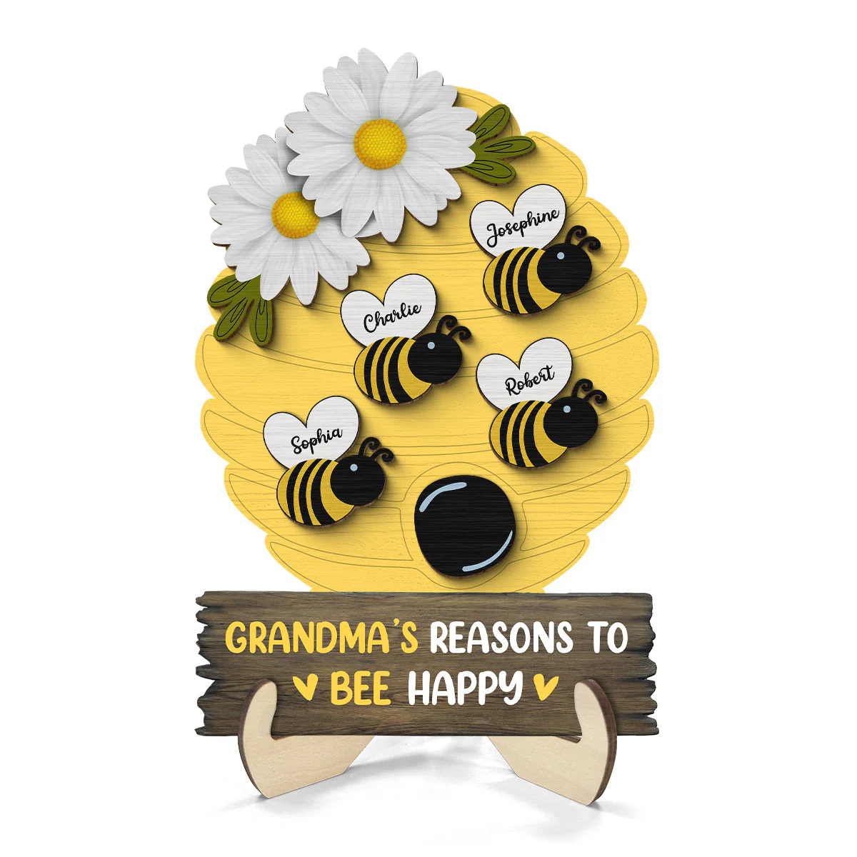 Grandma Mom Reason To Bee Happy Honey Bees Personalized 2-layer Wooden Plaque