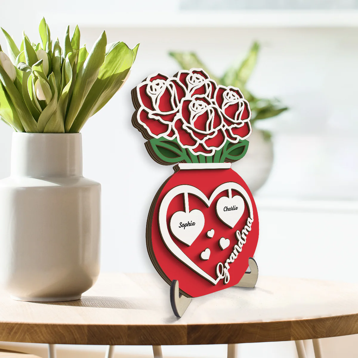 Grandma Mom Roses Bouquet In Vase Personalized 2-Layer Wooden Plaque - Image 3