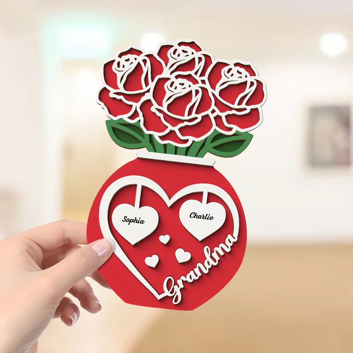 Grandma Mom Roses Bouquet In Vase Personalized 2-Layer Wooden Plaque - Image 4