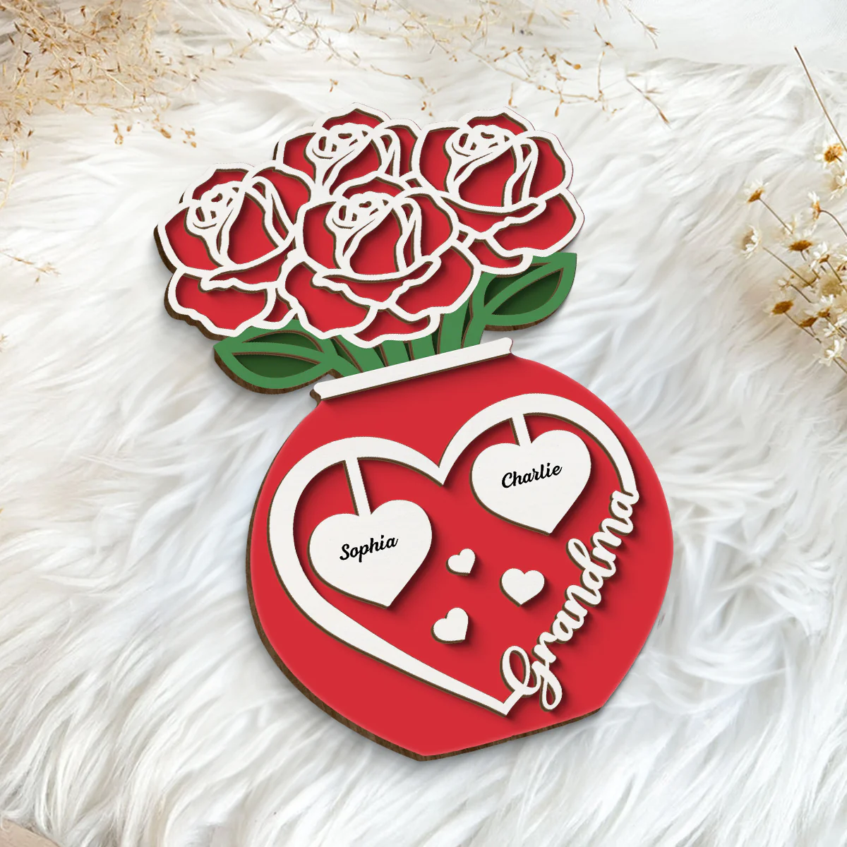 Grandma Mom Roses Bouquet In Vase Personalized 2-Layer Wooden Plaque - Image 5