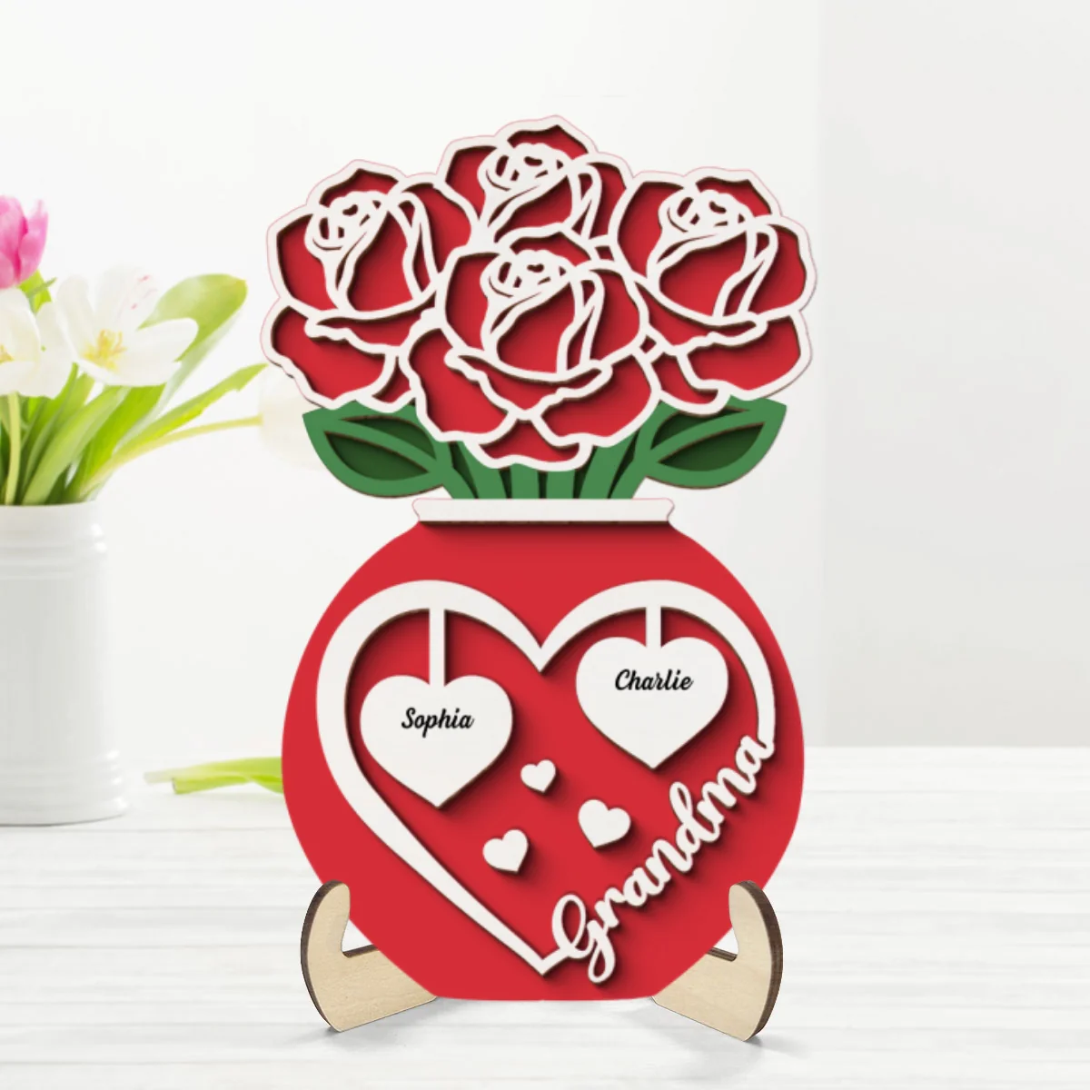 Grandma Mom Roses Bouquet In Vase Personalized 2-Layer Wooden Plaque - Image 8