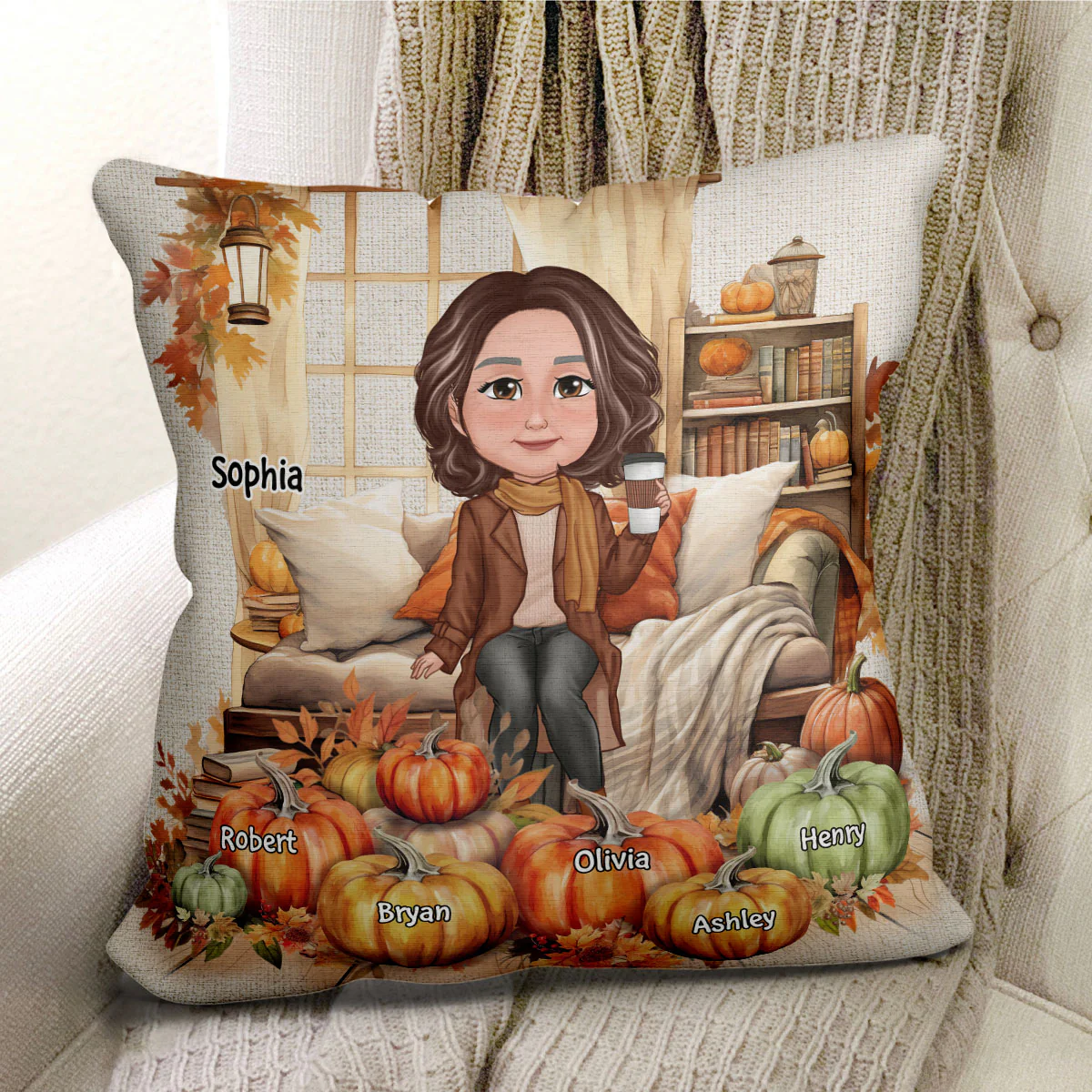 Grandma Mom Sitting Cozy Window Fall Season Personalized Pillow - Image 2