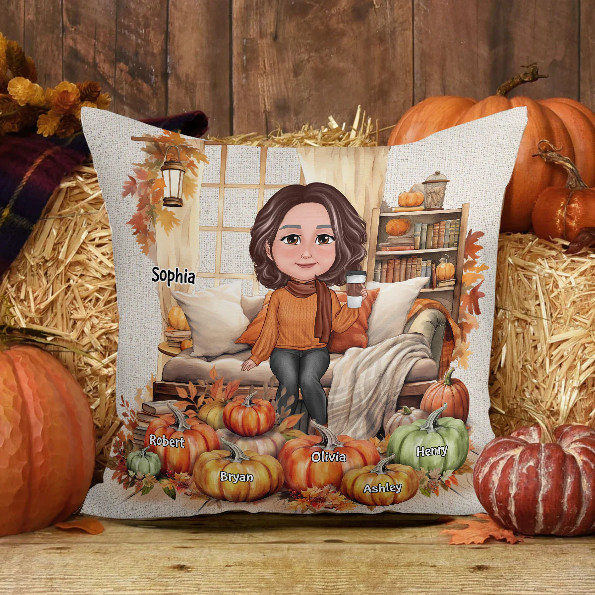 Grandma Mom Sitting Cozy Window Fall Season Personalized Pillow - Image 3