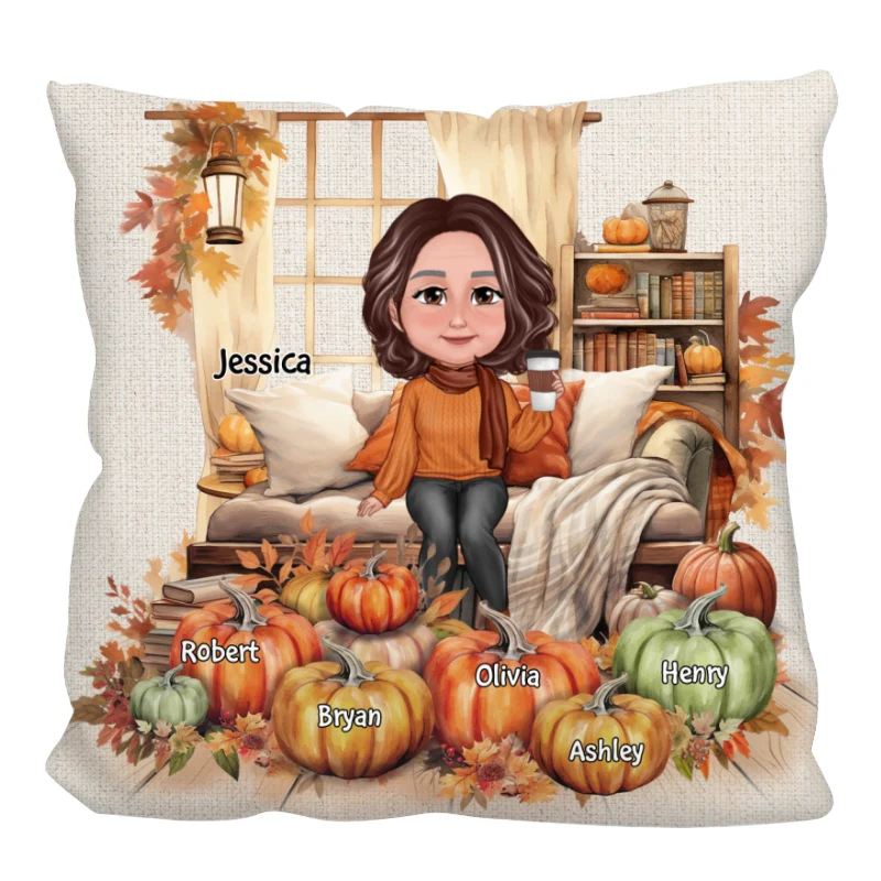 Grandma Mom Sitting Cozy Window Fall Season Personalized Pillow - Image 4