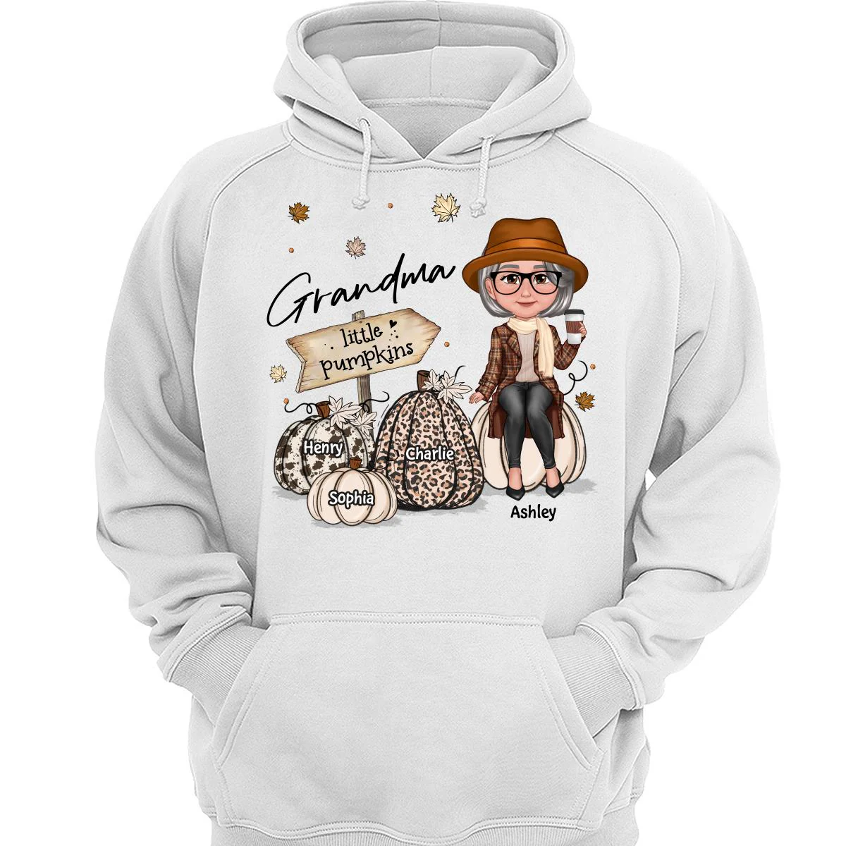 Grandma Mom Sitting On Animal Prints Patterned Pumpkins Fall Season Personalized Shirt - Image 3