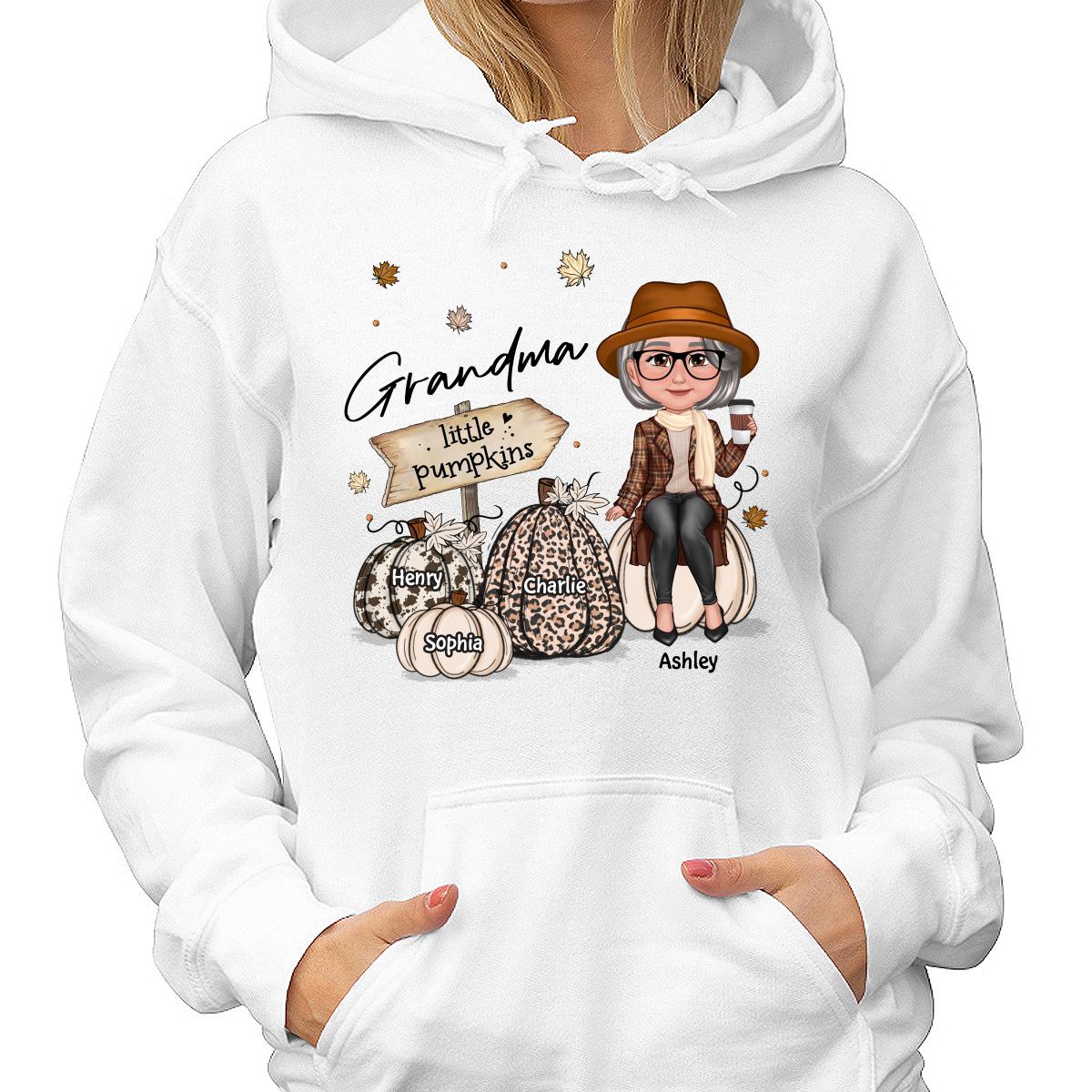 Grandma Mom Sitting On Animal Prints Patterned Pumpkins Fall Season Personalized Shirt - Image 4