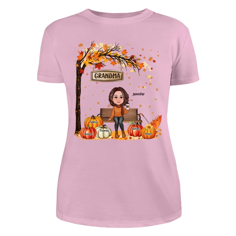 Grandma Mom Sitting On Bench Under Tree Fall Season Personalized Shirt - Image 11