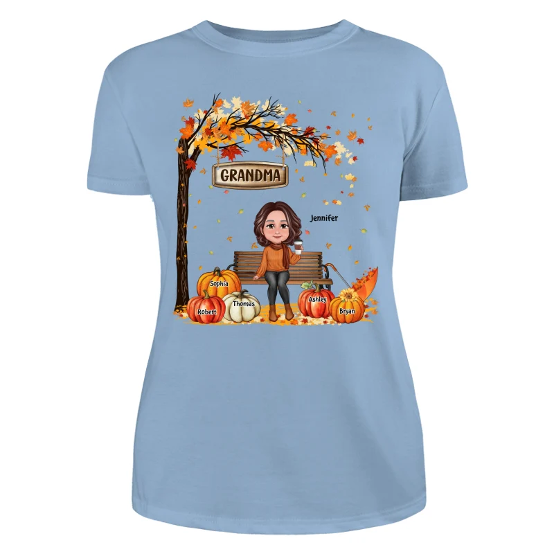 Grandma Mom Sitting On Bench Under Tree Fall Season Personalized Shirt - Image 12