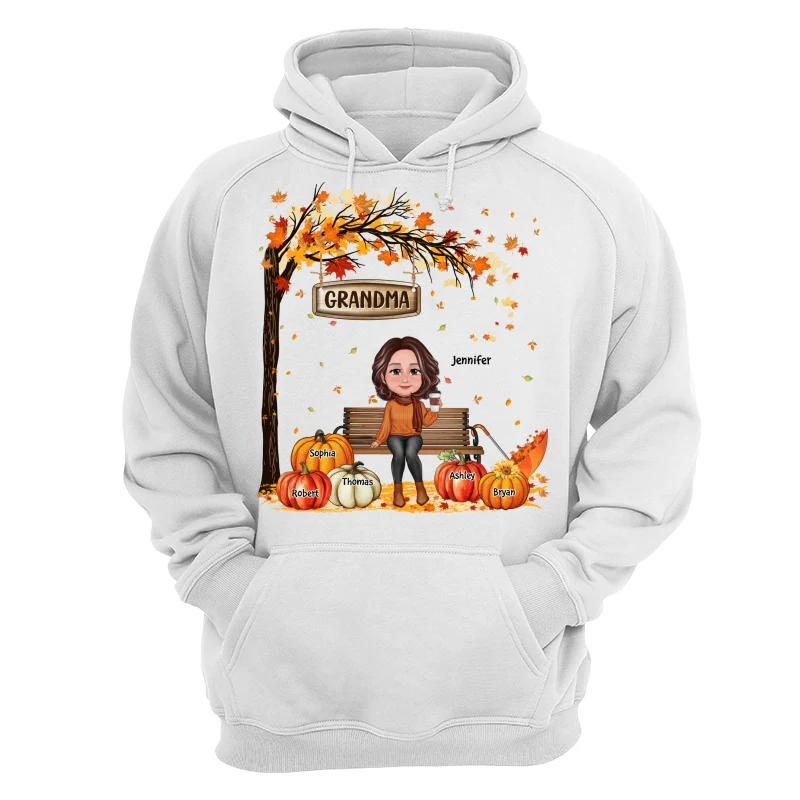 Grandma Mom Sitting On Bench Under Tree Fall Season Personalized Shirt - Image 13