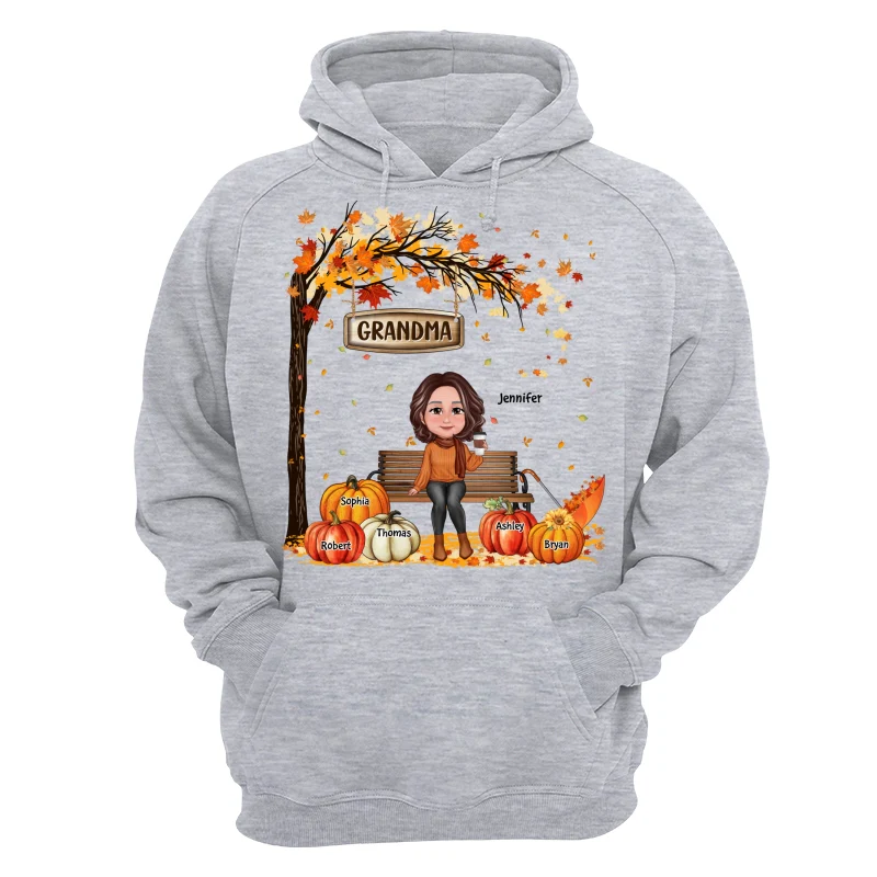Grandma Mom Sitting On Bench Under Tree Fall Season Personalized Shirt - Image 14