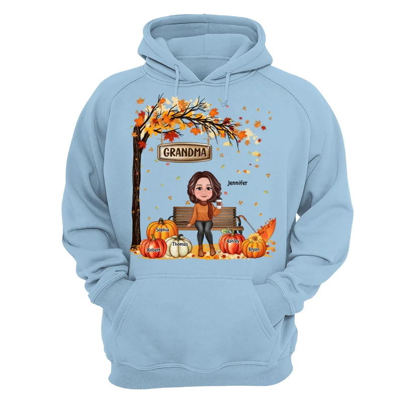 Grandma Mom Sitting On Bench Under Tree Fall Season Personalized Shirt - Image 16