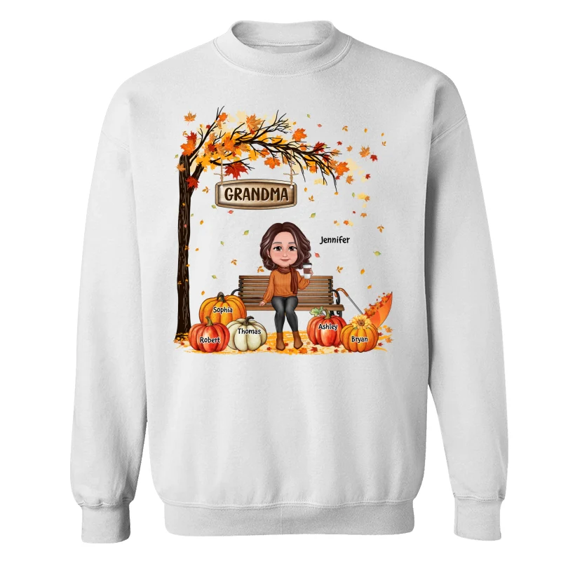 Grandma Mom Sitting On Bench Under Tree Fall Season Personalized Shirt - Image 17