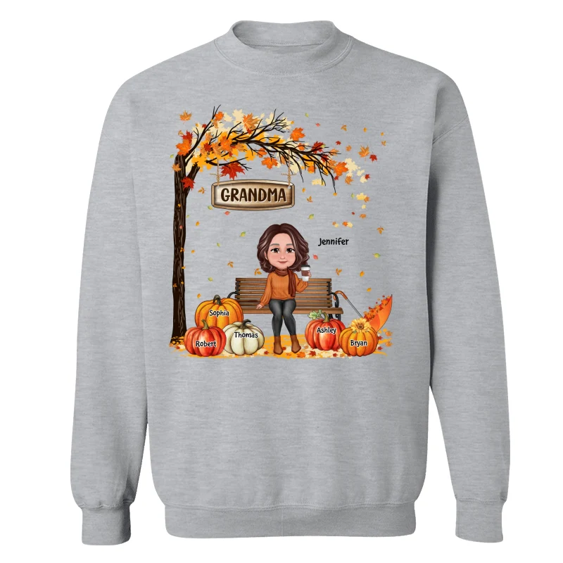 Grandma Mom Sitting On Bench Under Tree Fall Season Personalized Shirt - Image 18