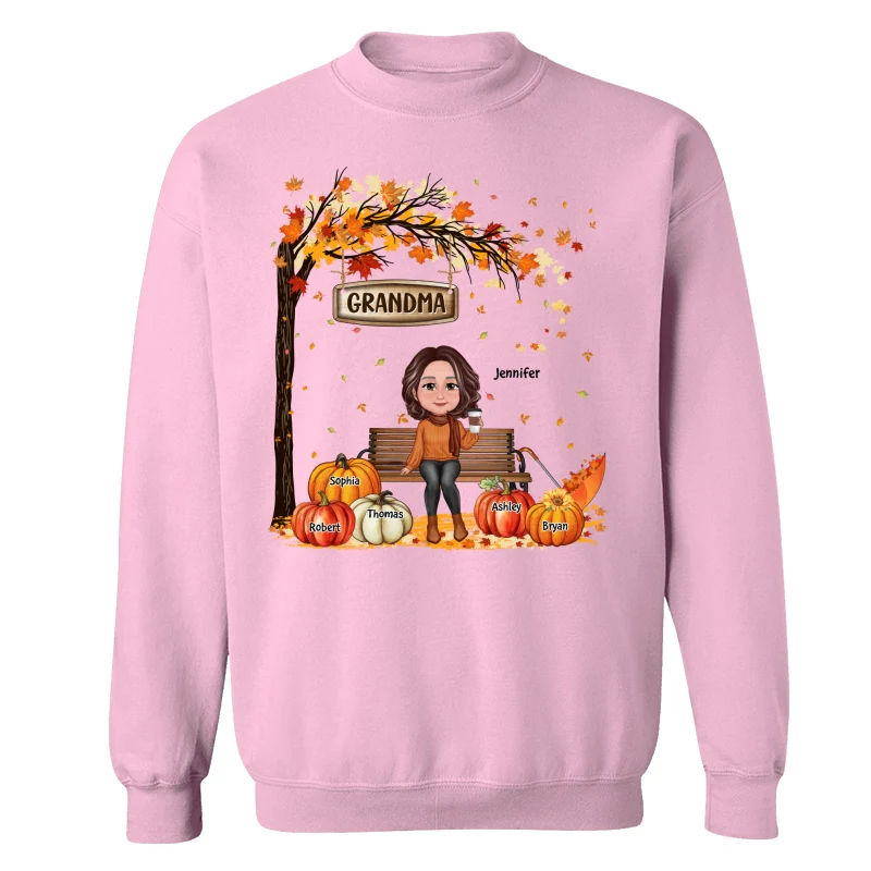 Grandma Mom Sitting On Bench Under Tree Fall Season Personalized Shirt - Image 19