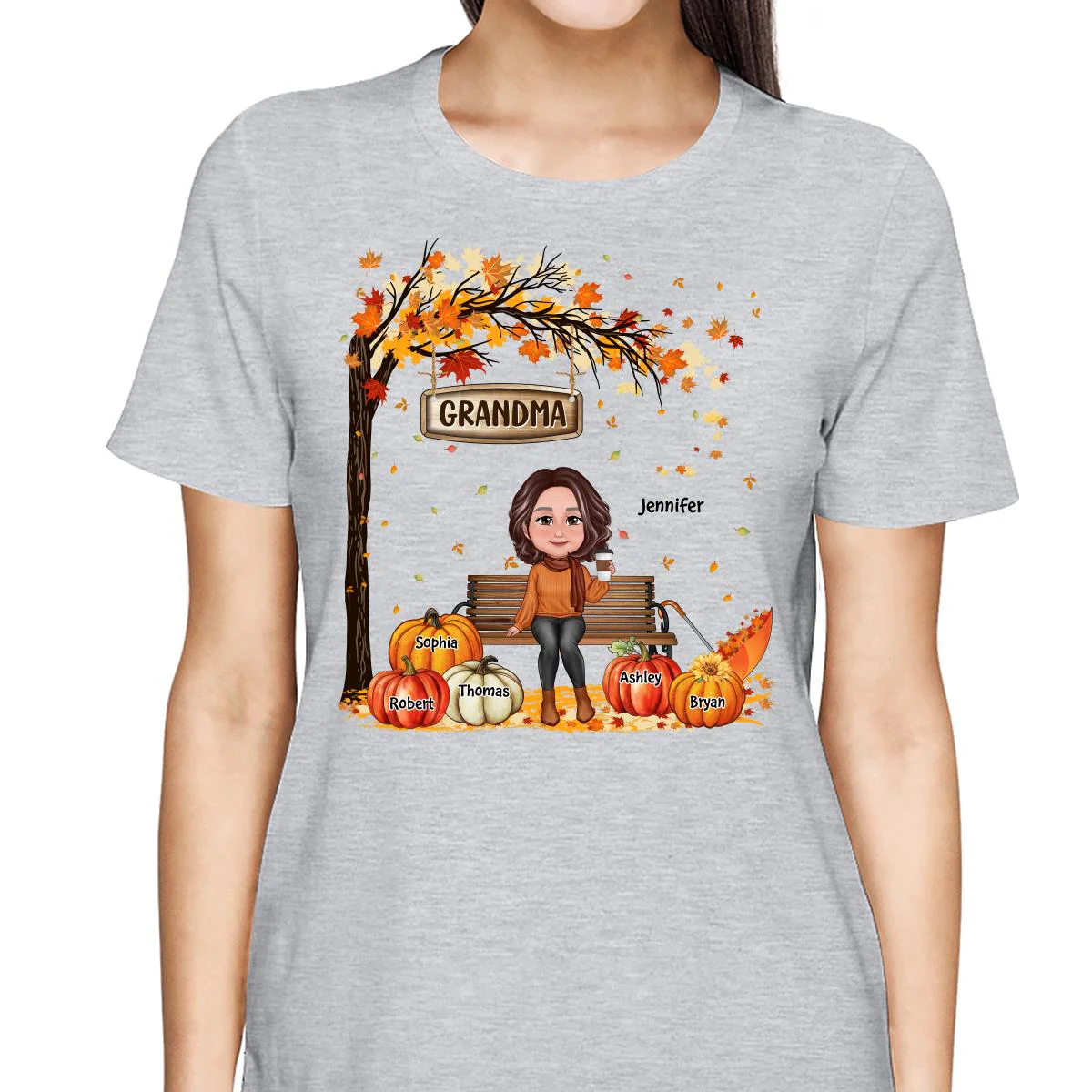 Grandma Mom Sitting On Bench Under Tree Fall Season Personalized Shirt - Image 2