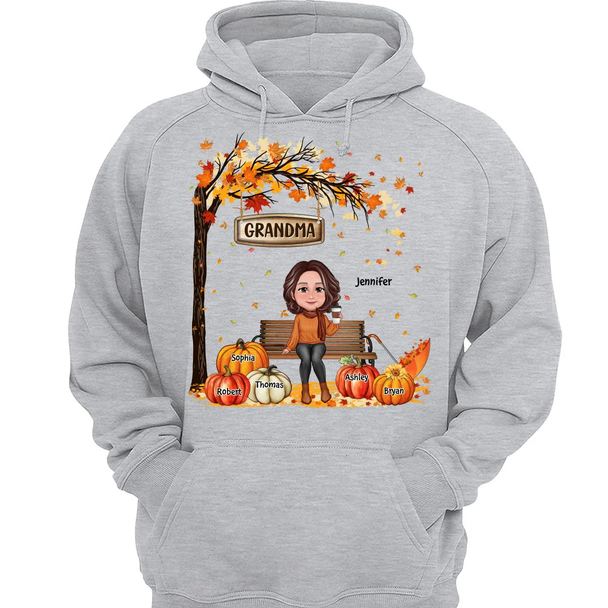 Grandma Mom Sitting On Bench Under Tree Fall Season Personalized Shirt - Image 3