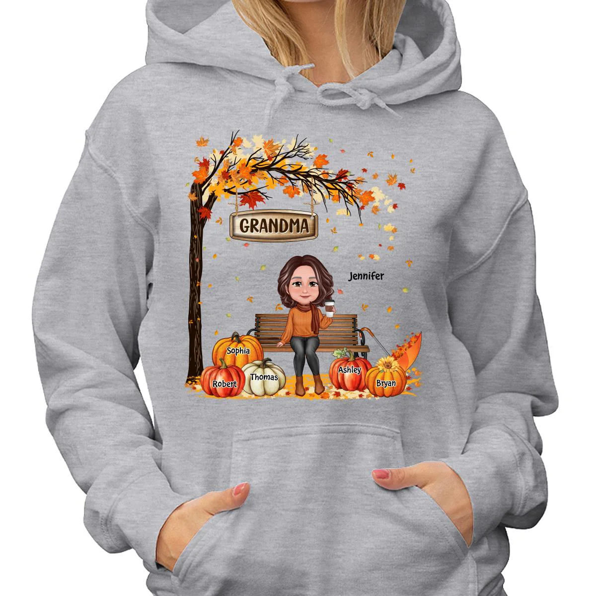 Grandma Mom Sitting On Bench Under Tree Fall Season Personalized Shirt - Image 4