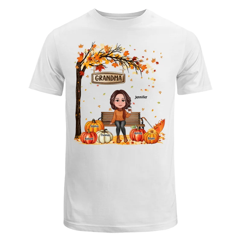 Grandma Mom Sitting On Bench Under Tree Fall Season Personalized Shirt - Image 5
