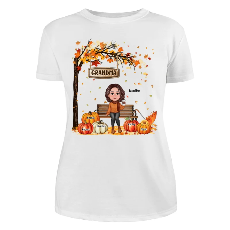 Grandma Mom Sitting On Bench Under Tree Fall Season Personalized Shirt - Image 9
