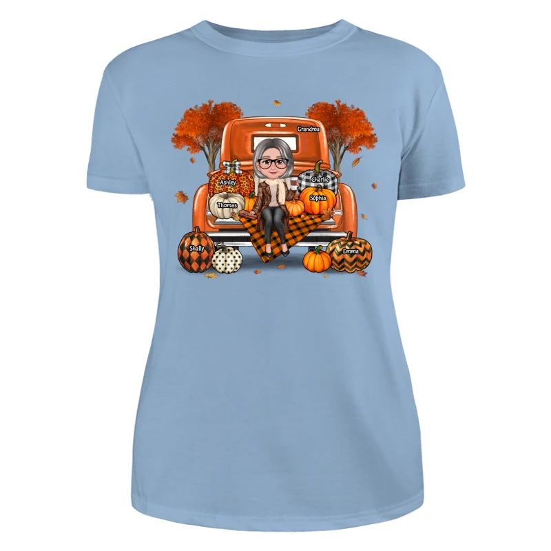 Grandma Mom Sitting On Orange Pumpkins Truck Fall Season Personalized Shirt - Image 12
