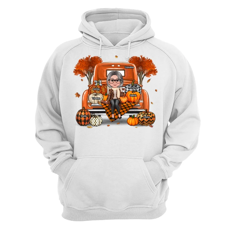 Grandma Mom Sitting On Orange Pumpkins Truck Fall Season Personalized Shirt - Image 13