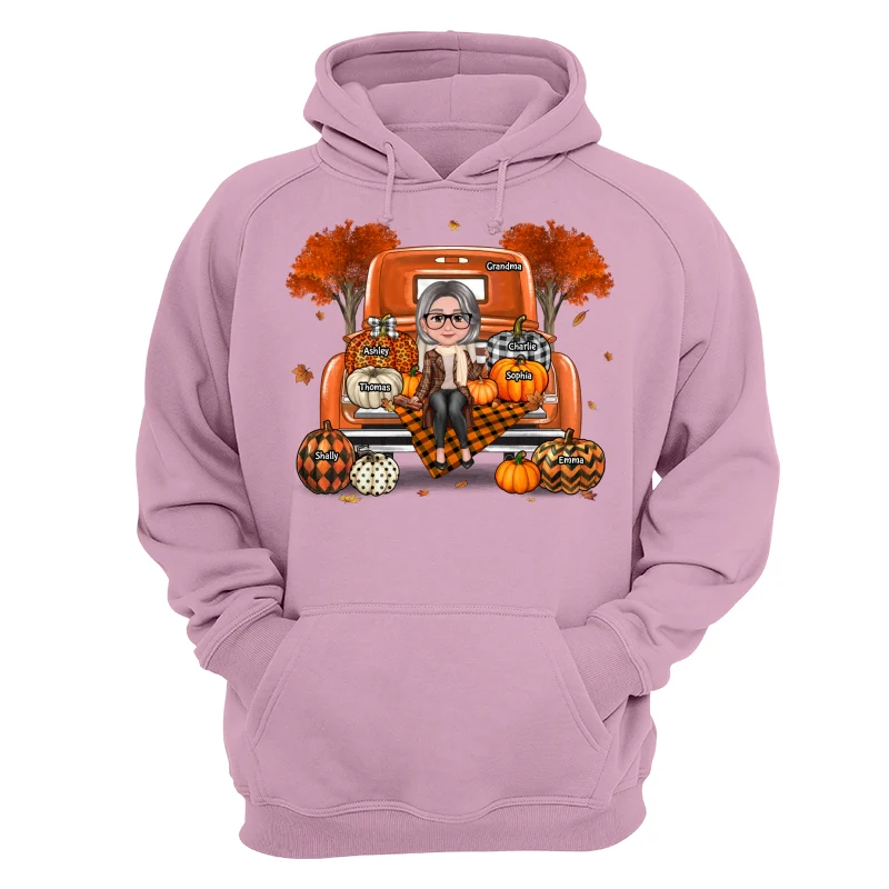 Grandma Mom Sitting On Orange Pumpkins Truck Fall Season Personalized Shirt - Image 15