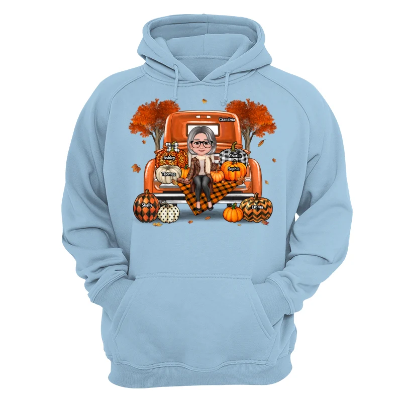 Grandma Mom Sitting On Orange Pumpkins Truck Fall Season Personalized Shirt - Image 16