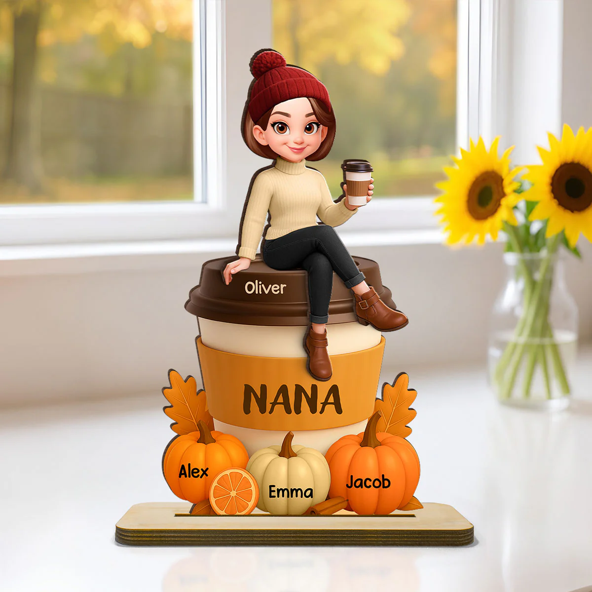 Grandma Mom Sitting On Pumpkin Spice Latte Grandkids Names Personalized 2-Layer Standing Wooden Plaque, Fall Season Decoration - Image 4