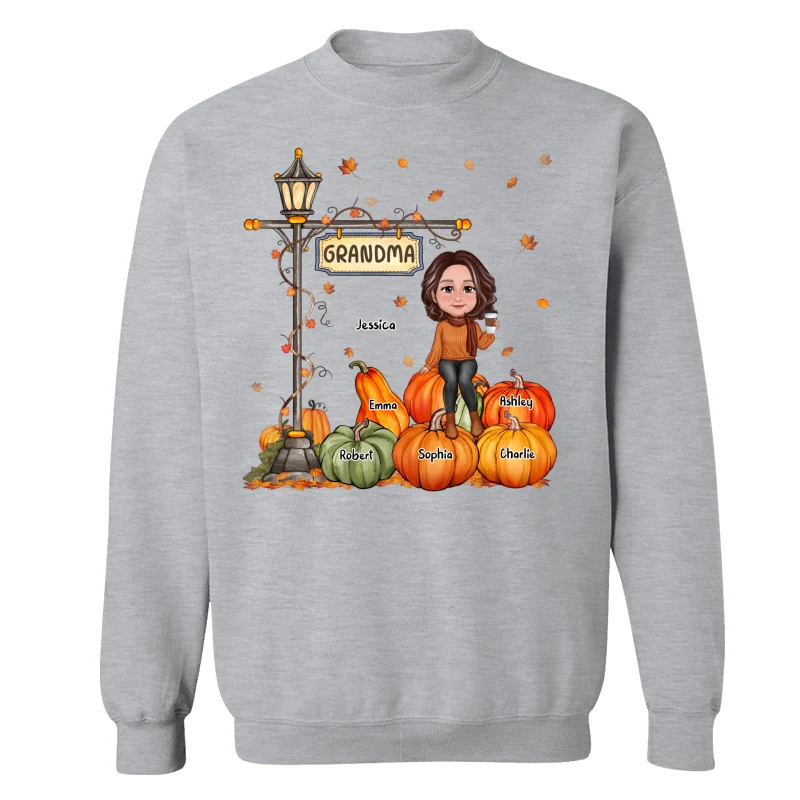 Grandma Mom Sitting On Pumpkin Under Lamp Post Fall Season Personalized Shirt - Image 18