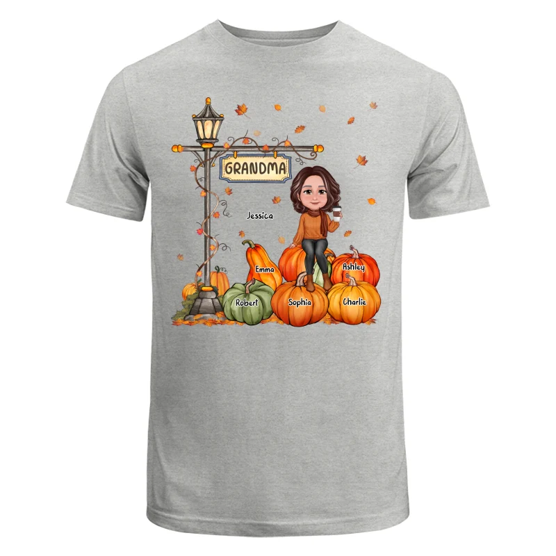 Grandma Mom Sitting On Pumpkin Under Lamp Post Fall Season Personalized Shirt - Image 6