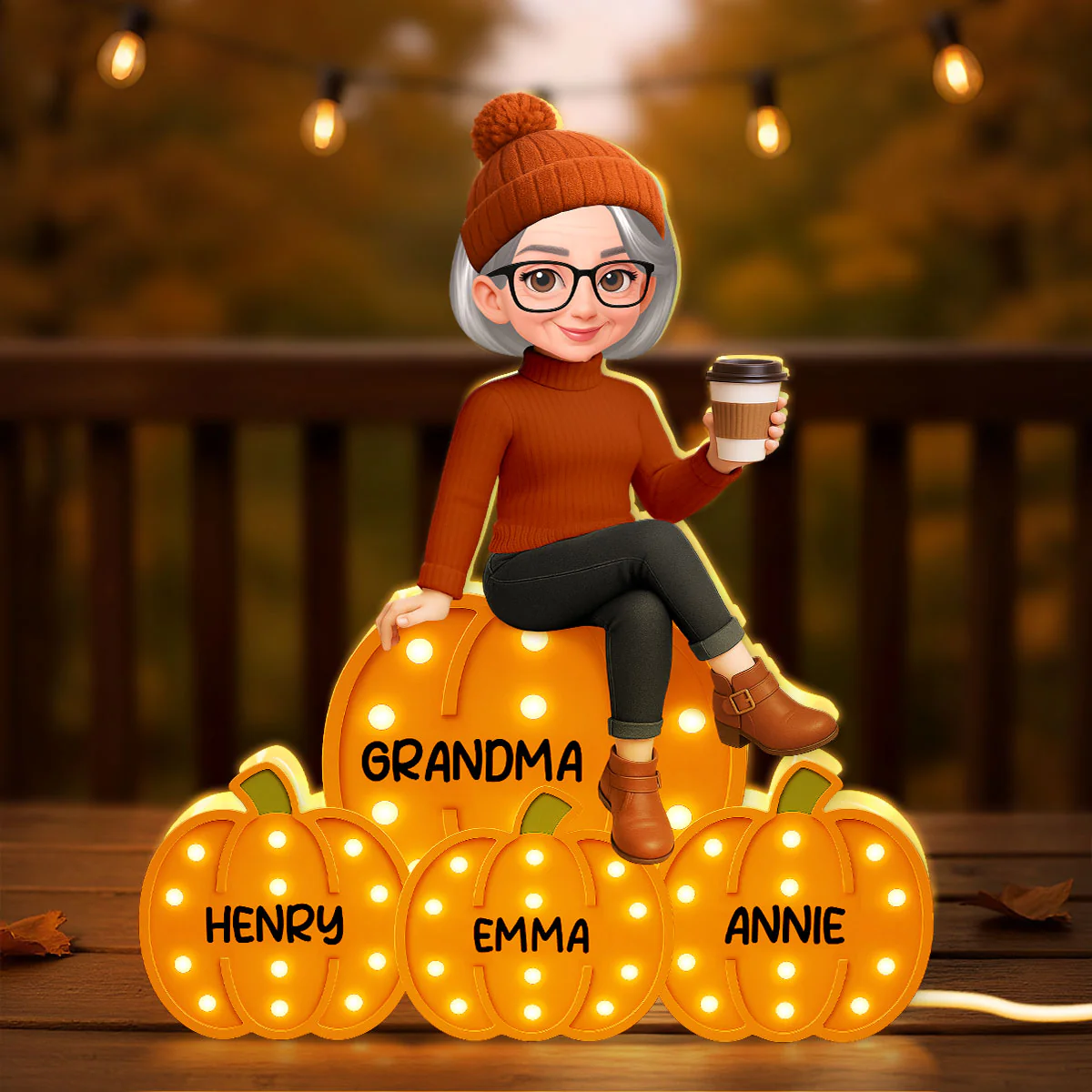 Grandma Mom Sitting On Pumpkins Marquee Pattern Effect Personalized LED Light Box, Cozy Fall Vibe Home Decoration - Image 2