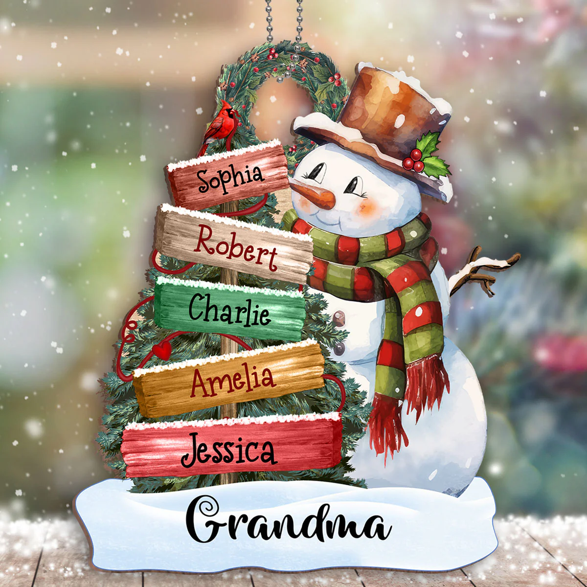 Grandma Mom Snowman Christmas Sign Personalized Wooden Ornament - Image 3