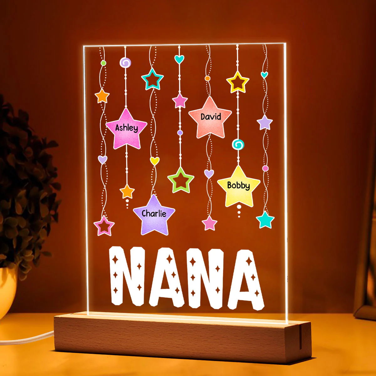 Grandma Mom Stars Strings Kids Names Personalized Rectangle Acrylic Plaque LED Night Light - Image 3