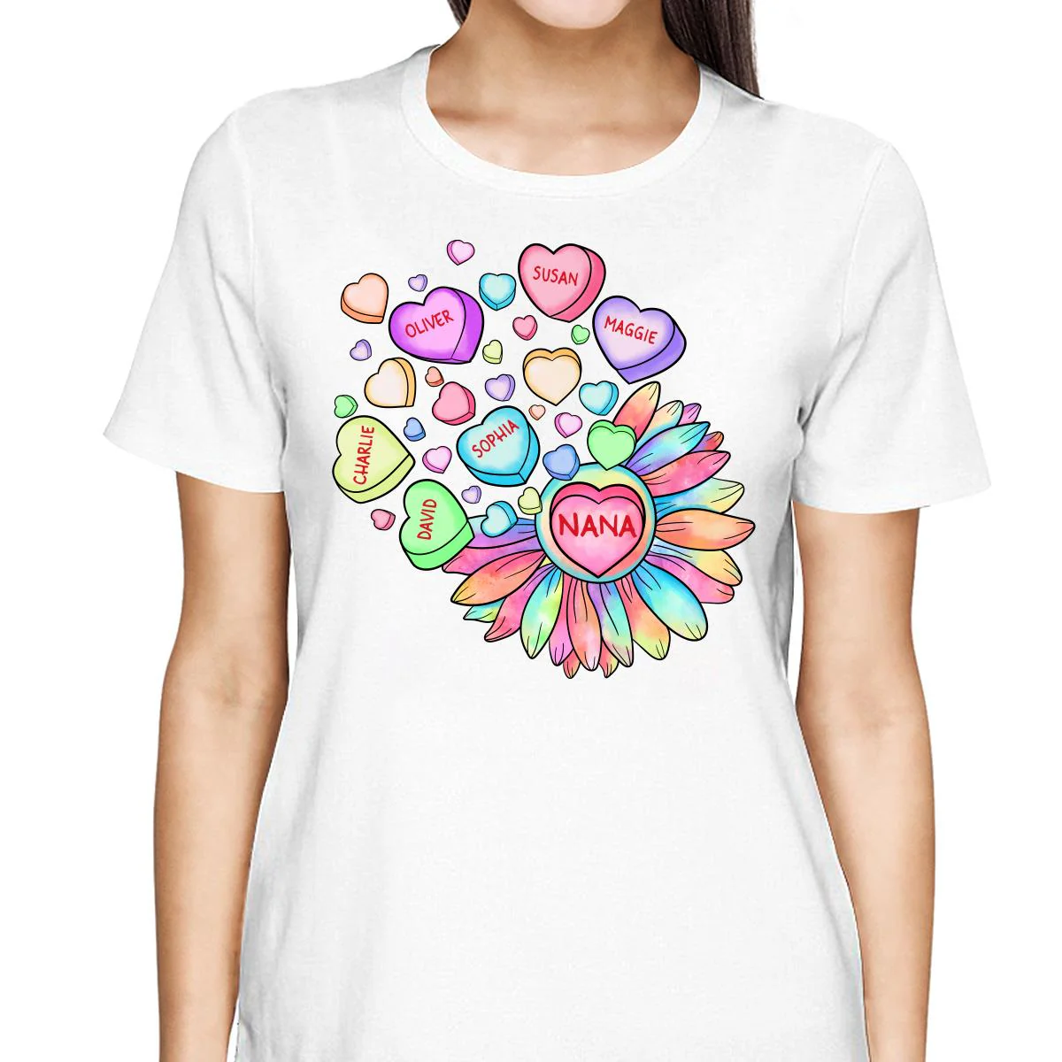 Grandma Mom Sunflower Candy Hearts Personalized Shirt - Image 2