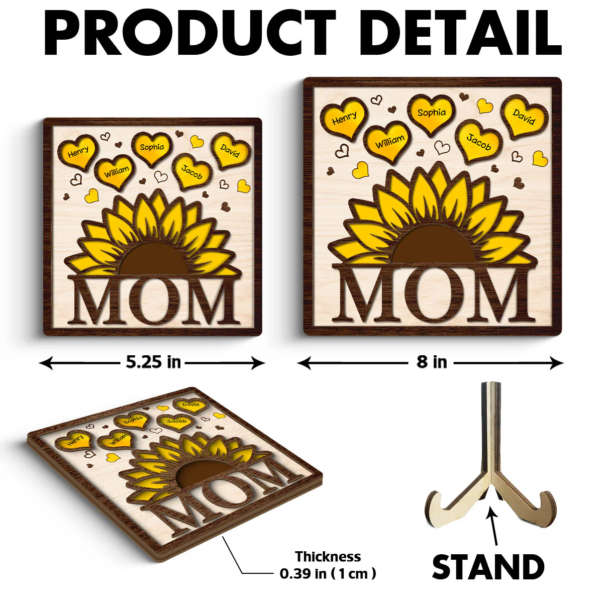 Grandma Mom Sunflower Hearts With Kids Names Personalized 2-layer Wooden Plaque - Image 6