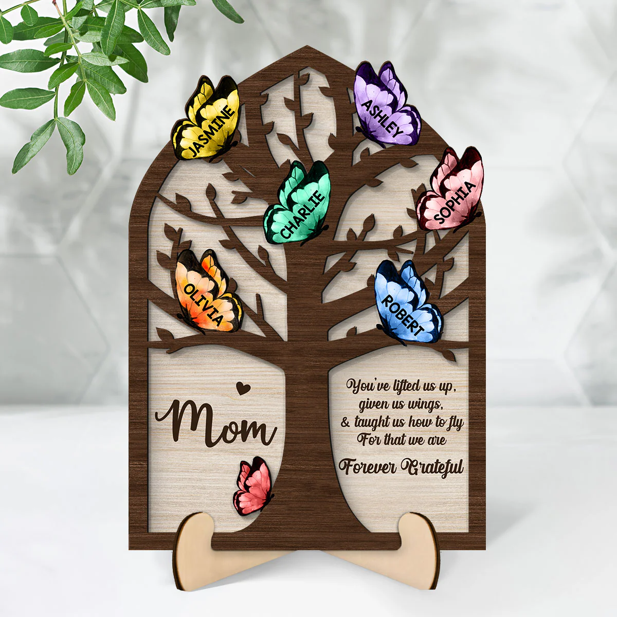 Grandma Mom Tree Butterflies Personalized 2-layer Wooden Plaque - Image 2