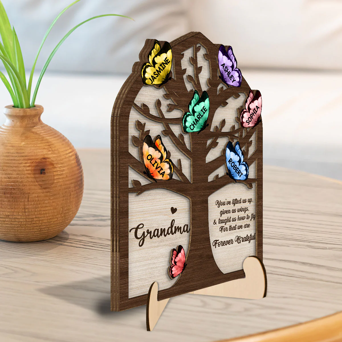 Grandma Mom Tree Butterflies Personalized 2-layer Wooden Plaque - Image 3