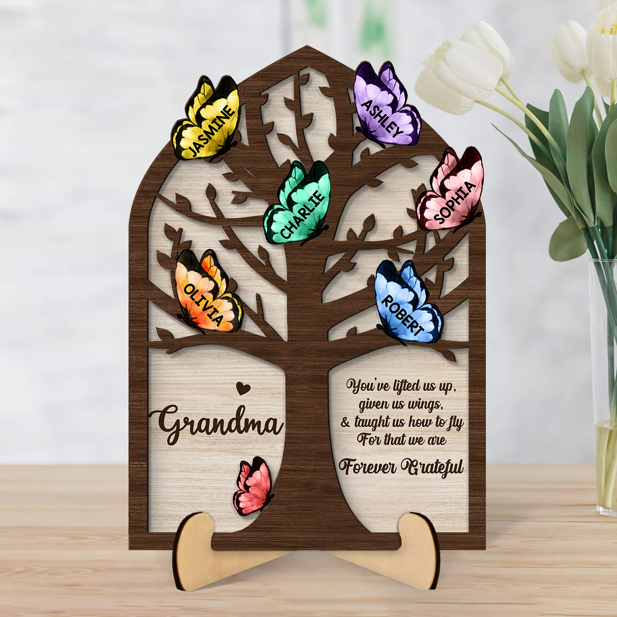 Grandma Mom Tree Butterflies Personalized 2-layer Wooden Plaque - Image 7