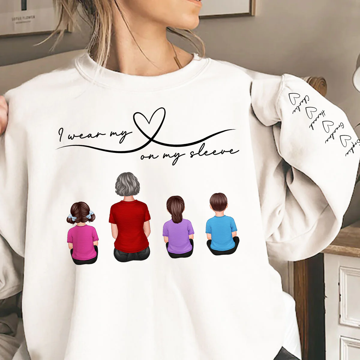 Grandma Mom Wear Her Heart On Her Sleeve, Beautiful Heart Design, Personalized Sleeve Printed Sweatshirt - Image 3