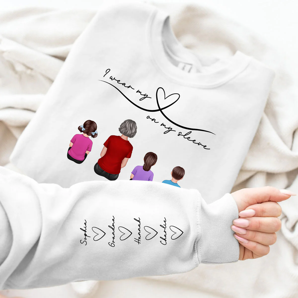 Grandma Mom Wear Her Heart On Her Sleeve, Beautiful Heart Design, Personalized Sleeve Printed Sweatshirt - Image 4
