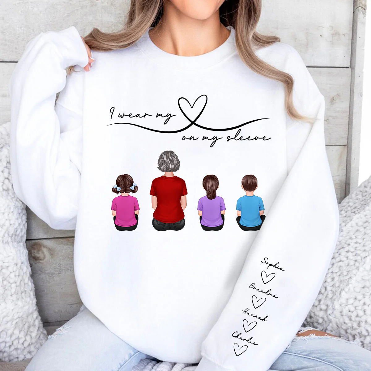 Grandma Mom Wear Her Heart On Her Sleeve, Beautiful Heart Design, Personalized Sleeve Printed Sweatshirt - Image 5