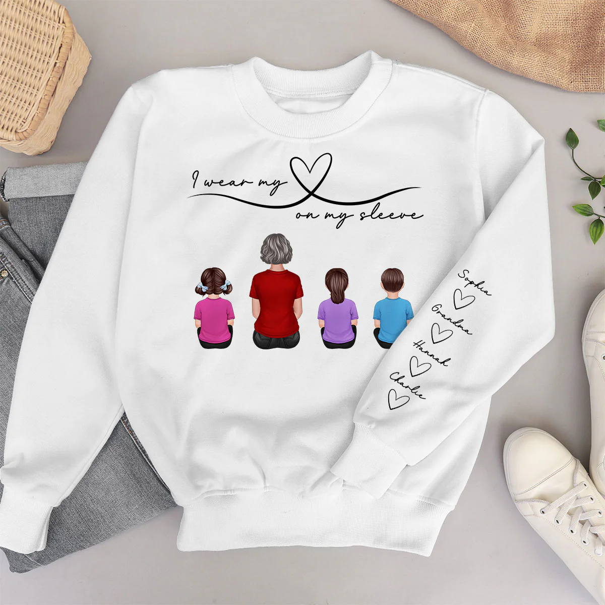 Grandma Mom Wear Her Heart On Her Sleeve, Beautiful Heart Design, Personalized Sleeve Printed Sweatshirt - Image 6