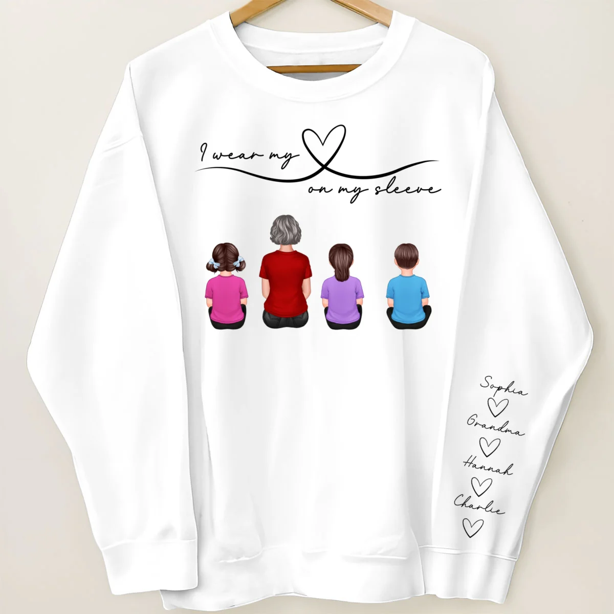 Grandma Mom Wear Her Heart On Her Sleeve, Beautiful Heart Design, Personalized Sleeve Printed Sweatshirt - Image 7