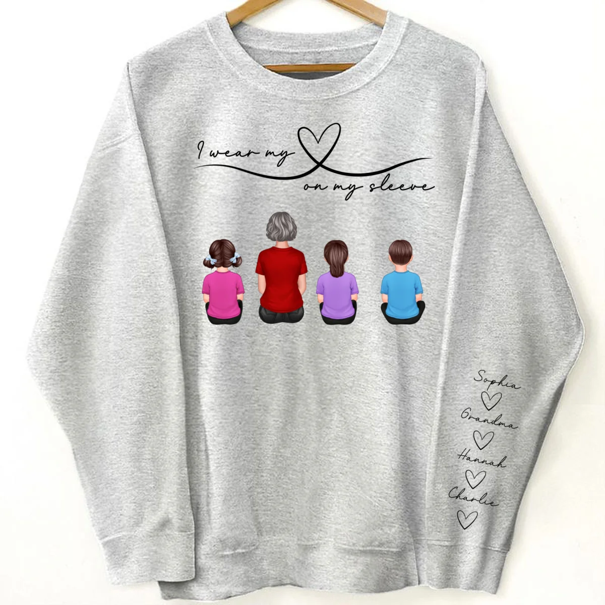 Grandma Mom Wear Her Heart On Her Sleeve, Beautiful Heart Design, Personalized Sleeve Printed Sweatshirt - Image 8