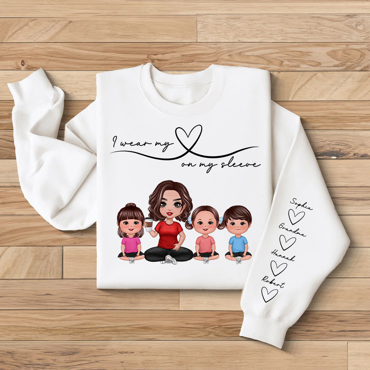 Grandma Mom Wear Her Heart On Her Sleeve, Beautiful Heart Design, Personalized Sleeve Printed Sweatshirt, Gift For Grandma - Image 2
