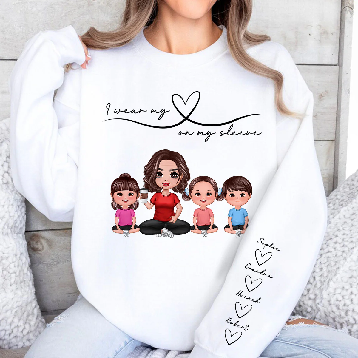 Grandma Mom Wear Her Heart On Her Sleeve, Beautiful Heart Design, Personalized Sleeve Printed Sweatshirt, Gift For Grandma - Image 5