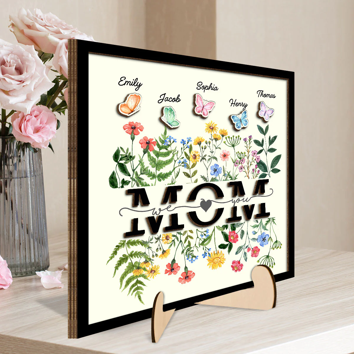 Grandma Mom Wild Flowers Butterflies Personalized 2-layer Wooden Plaque - Image 3
