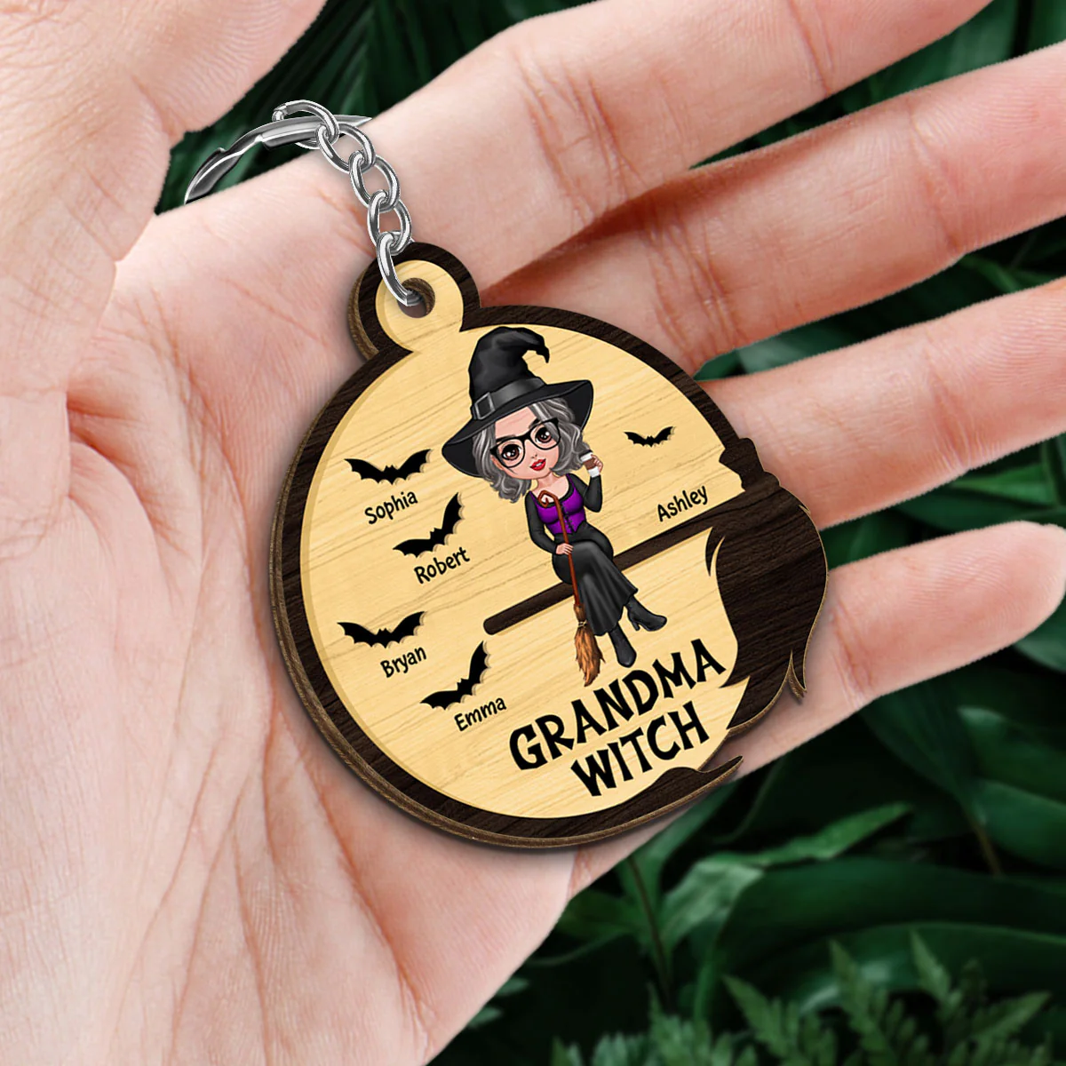 Grandma Mom Witch Broom Frame Halloween Personalized Wooden Keychain - Image 2