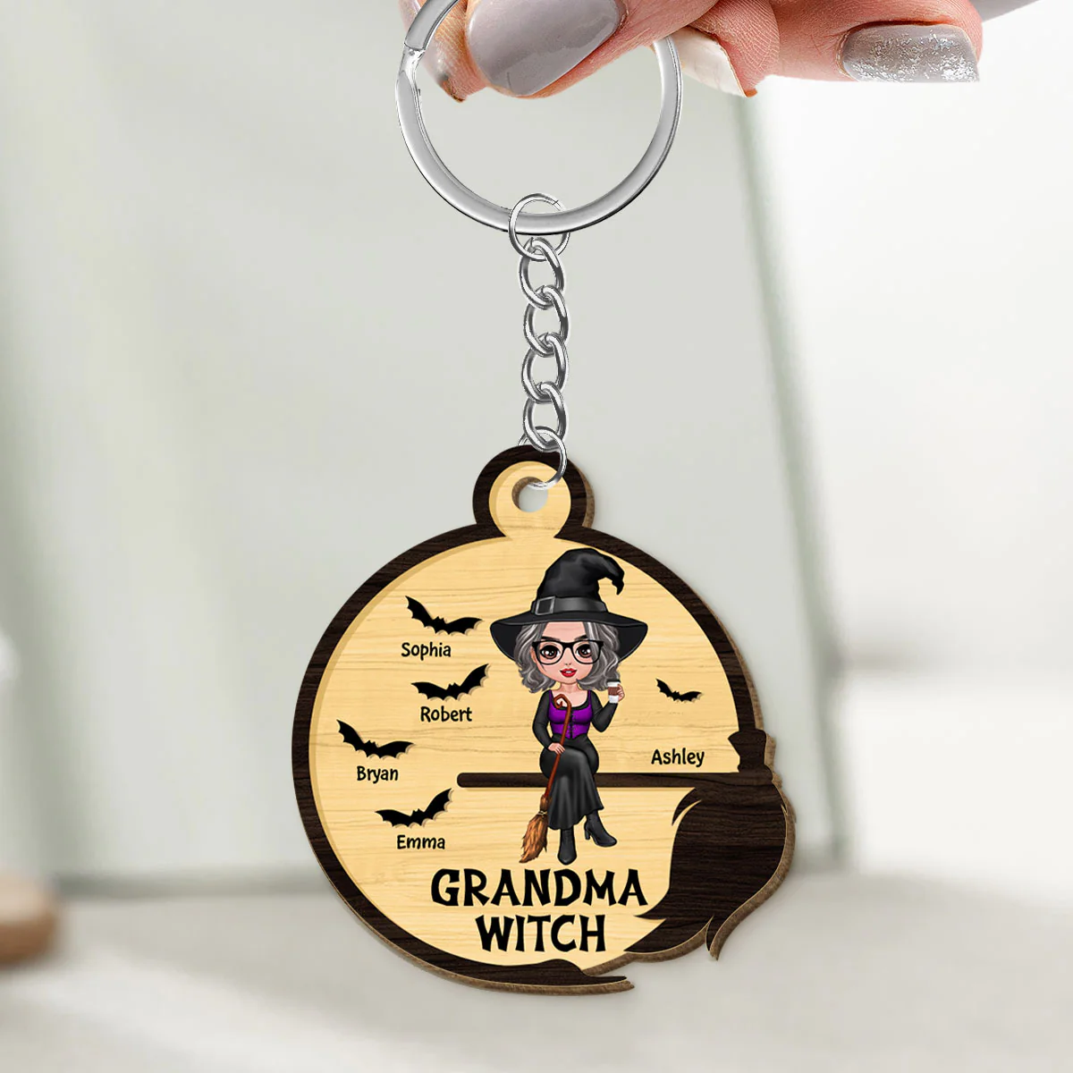 Grandma Mom Witch Broom Frame Halloween Personalized Wooden Keychain - Image 3