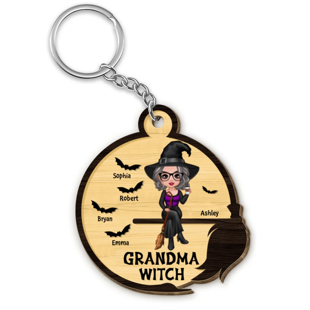 Grandma Mom Witch Broom Frame Halloween Personalized Wooden Keychain - Image 4